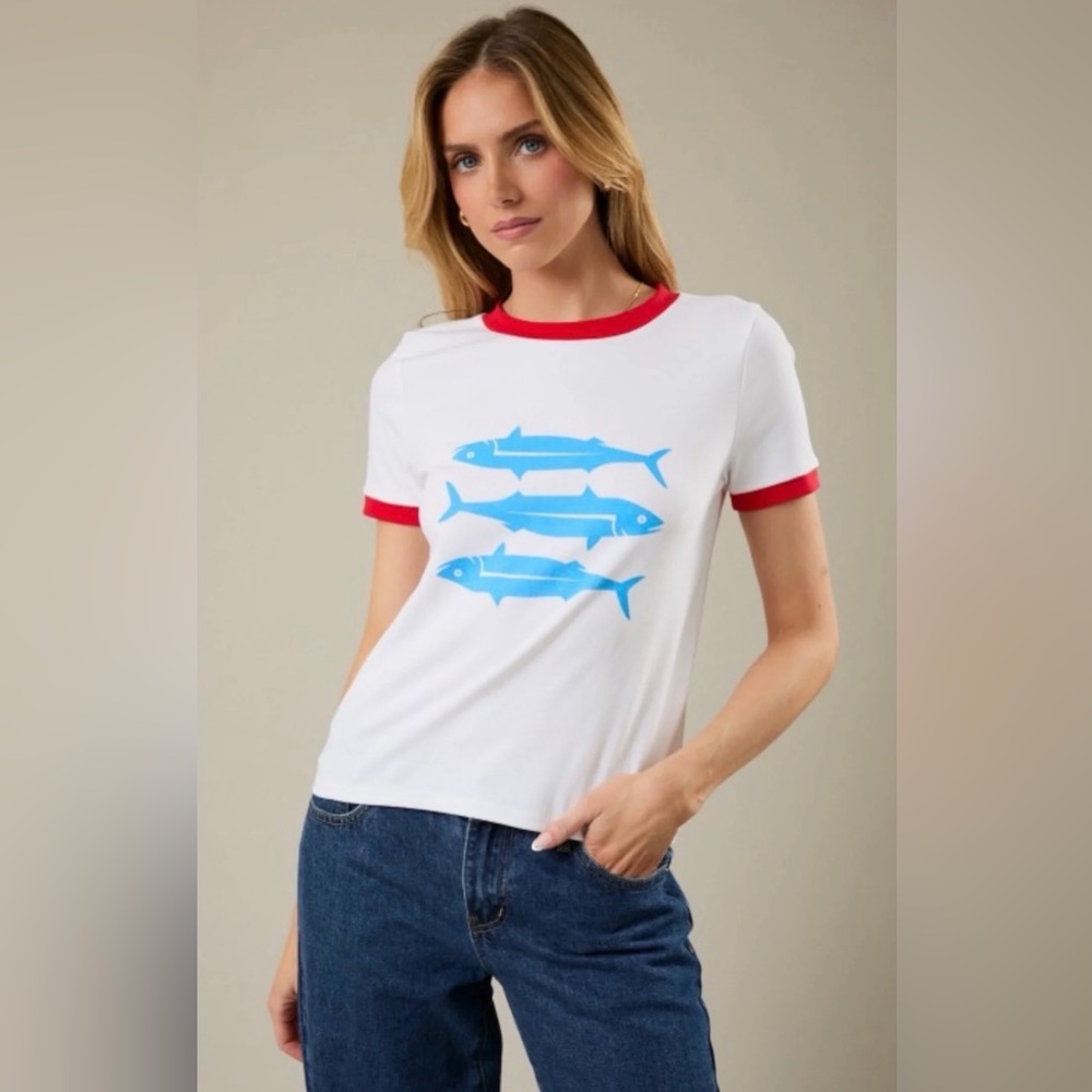 White and Red Fish Graphic T-Shirt